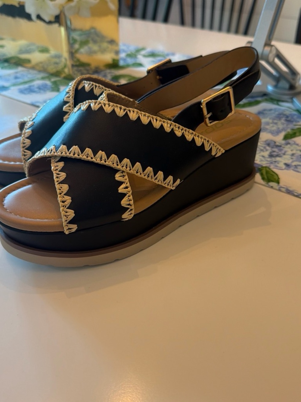 Soda Black Platform Slingback Sandals with Cream Stitching